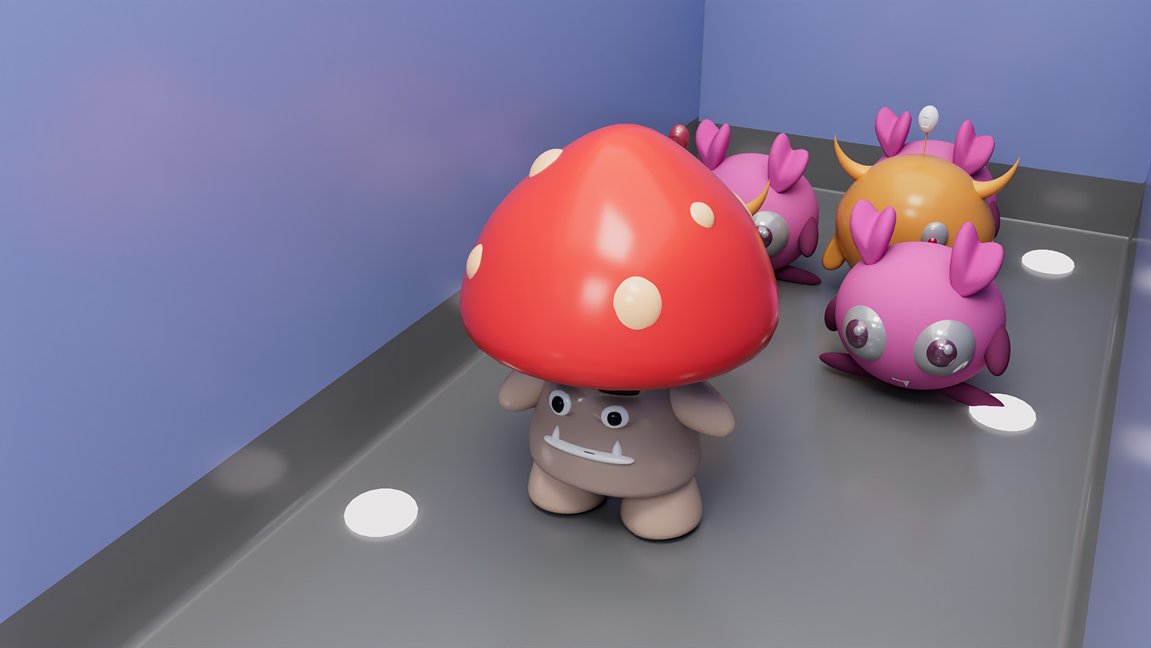 Rendered scene — characters in assembly